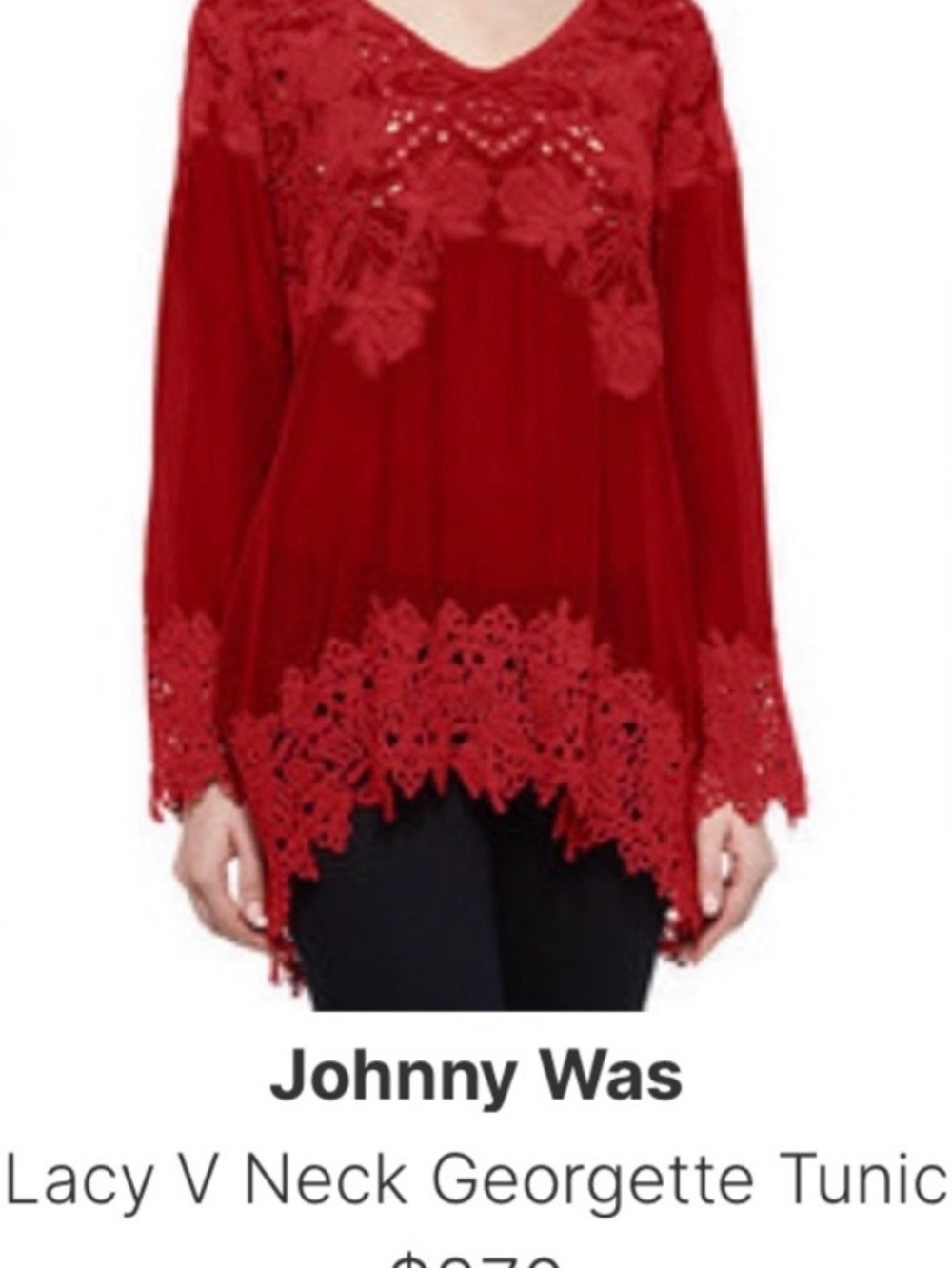 Johnny Was Crimson Red Lace-Trim V-Neck Tunic
